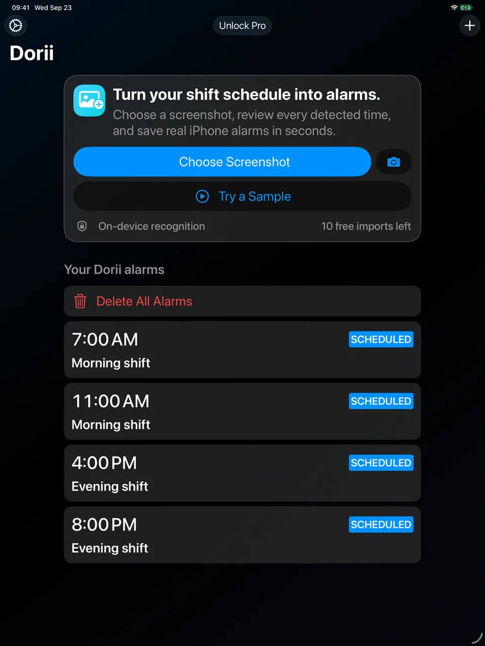 Dorii on iPad showing four scheduled alarms for morning and evening shifts.