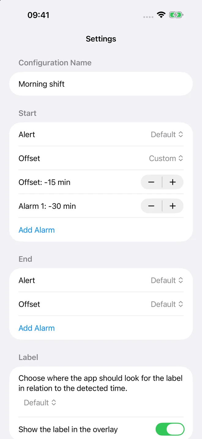 Dorii settings on iPhone showing a 15-minute early offset and an additional 30-minute alarm offset.