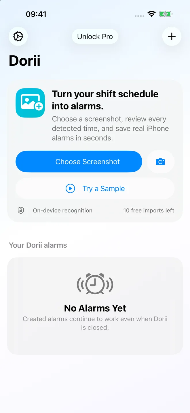 Dorii on iPhone with controls to choose a screenshot, use the camera, or try a sample schedule.