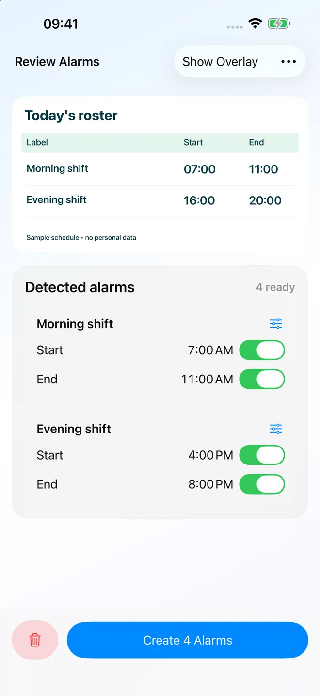 Dorii on iPhone reviewing a sample roster with four editable alarm times.