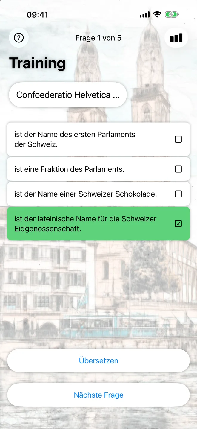 Die richtige Antwort zur Bedeutung von Confoederatio Helvetica ist grün markiert. Darunter stehen Übersetzen und Nächste Frage.