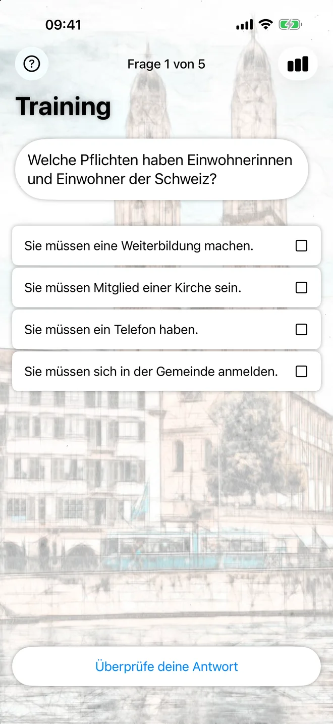Das iPhone-Training zeigt eine Frage zu den Pflichten in der Schweiz mit vier Antwortmöglichkeiten.