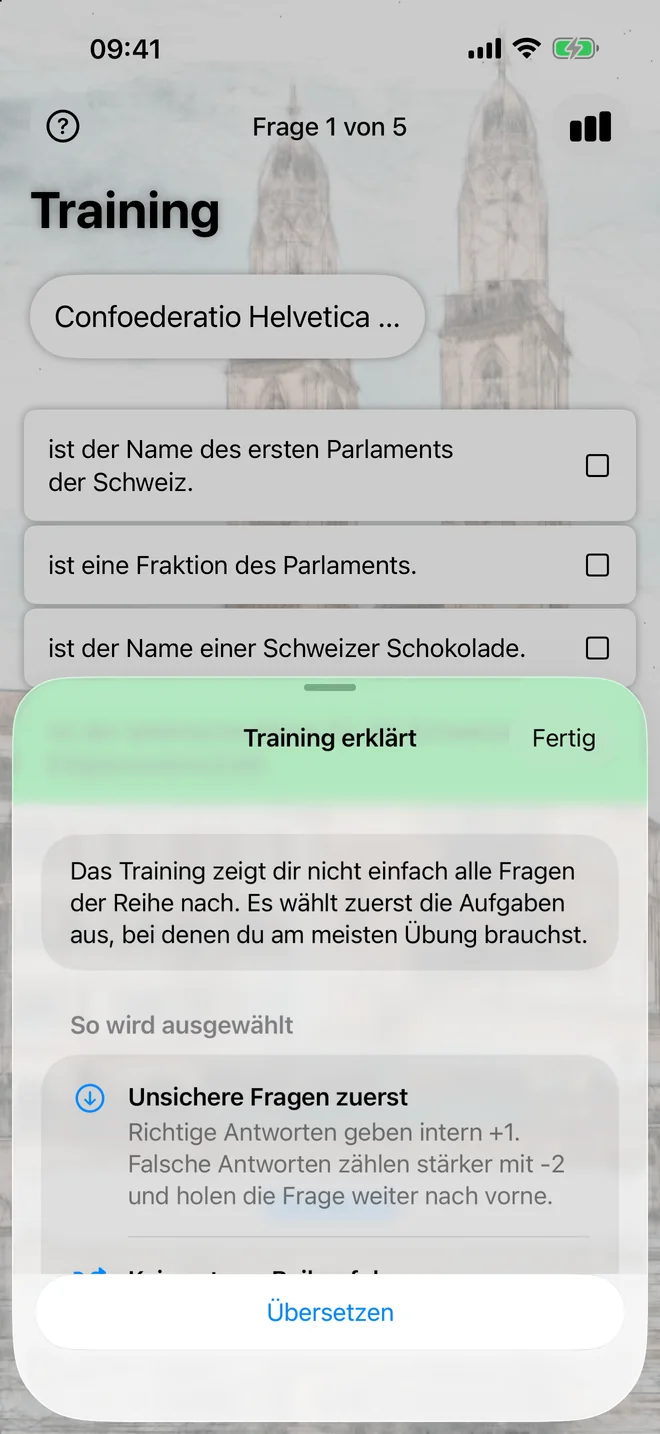 Die Hilfe Training erklärt beschreibt, warum unsichere Fragen bevorzugt ausgewählt werden.