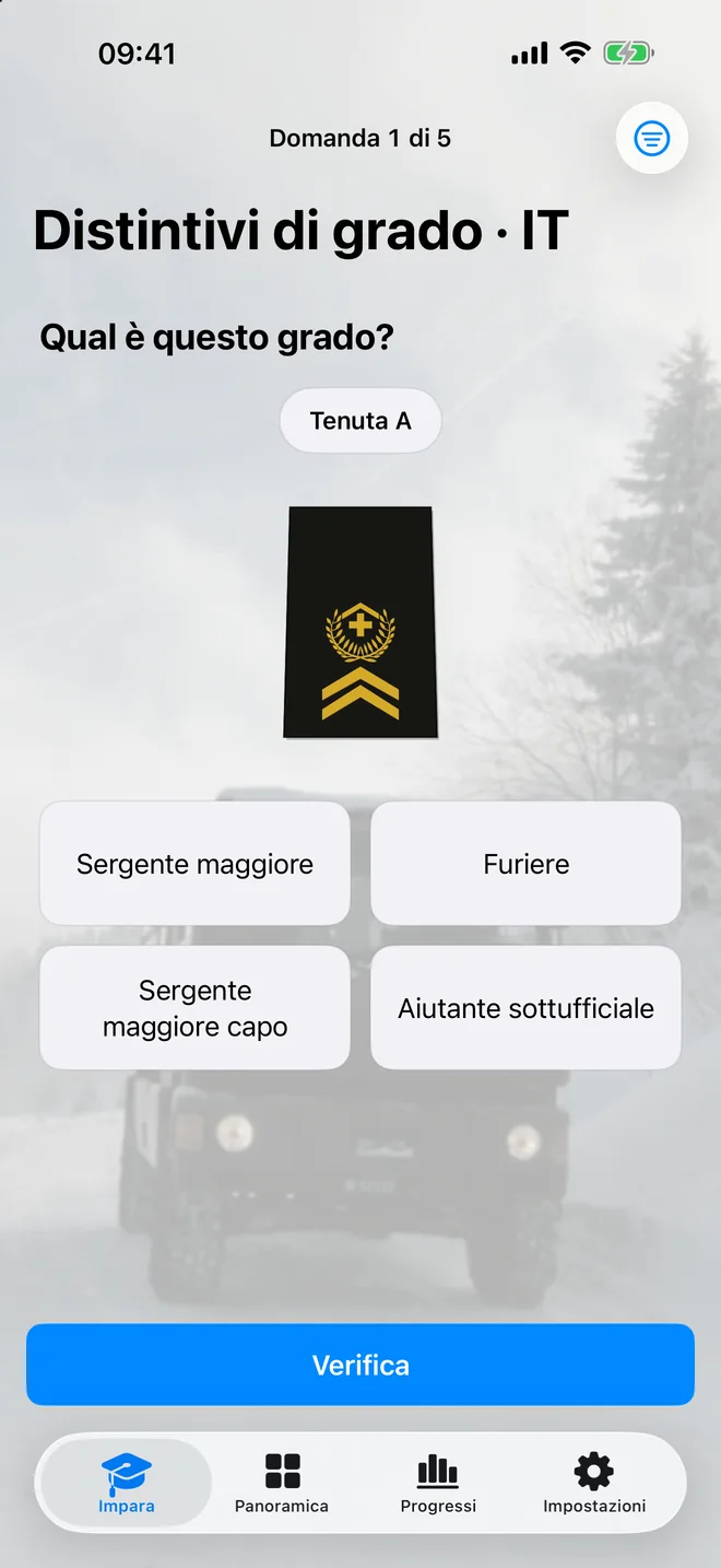 Un distintivo della tenuta A e quattro risposte nel quiz in italiano su iPhone.