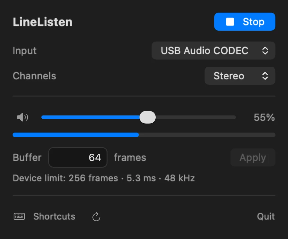 LineListen showing a requested buffer of 64 frames and a device limit of 256 frames.