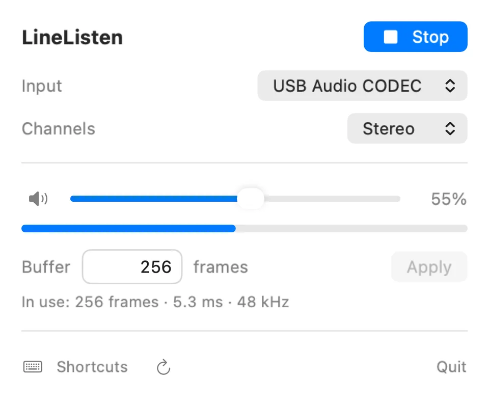 LineListen's menu bar panel with USB Audio CODEC input, stereo channels, volume, mute, and a 256-frame buffer.