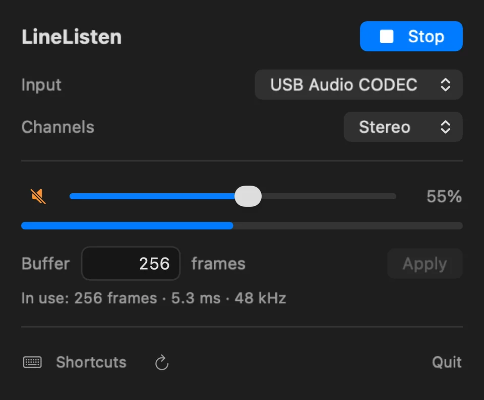 LineListen in dark appearance with monitoring running and the selected input muted.