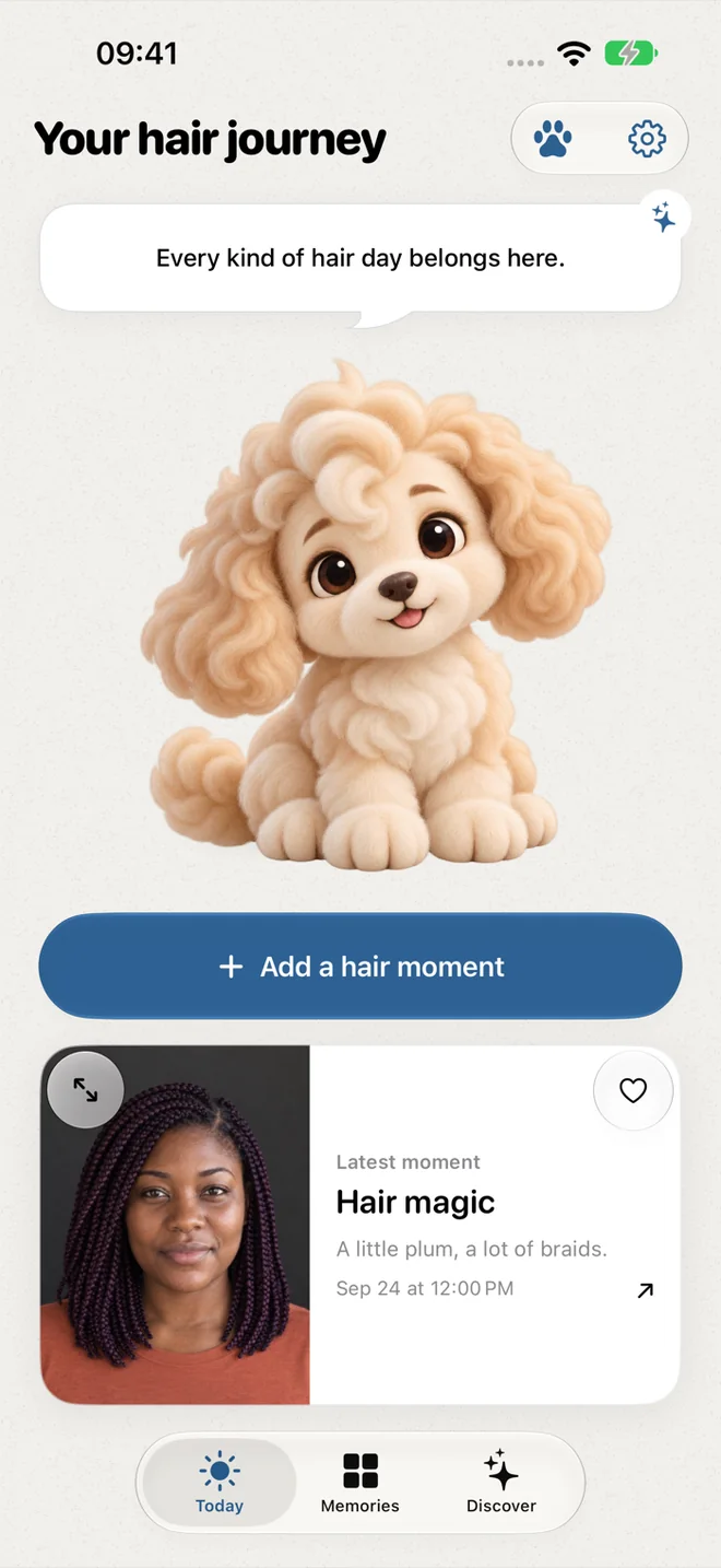 Cloud Pup beside a saved moment showing a second fictional woman with plum braids.