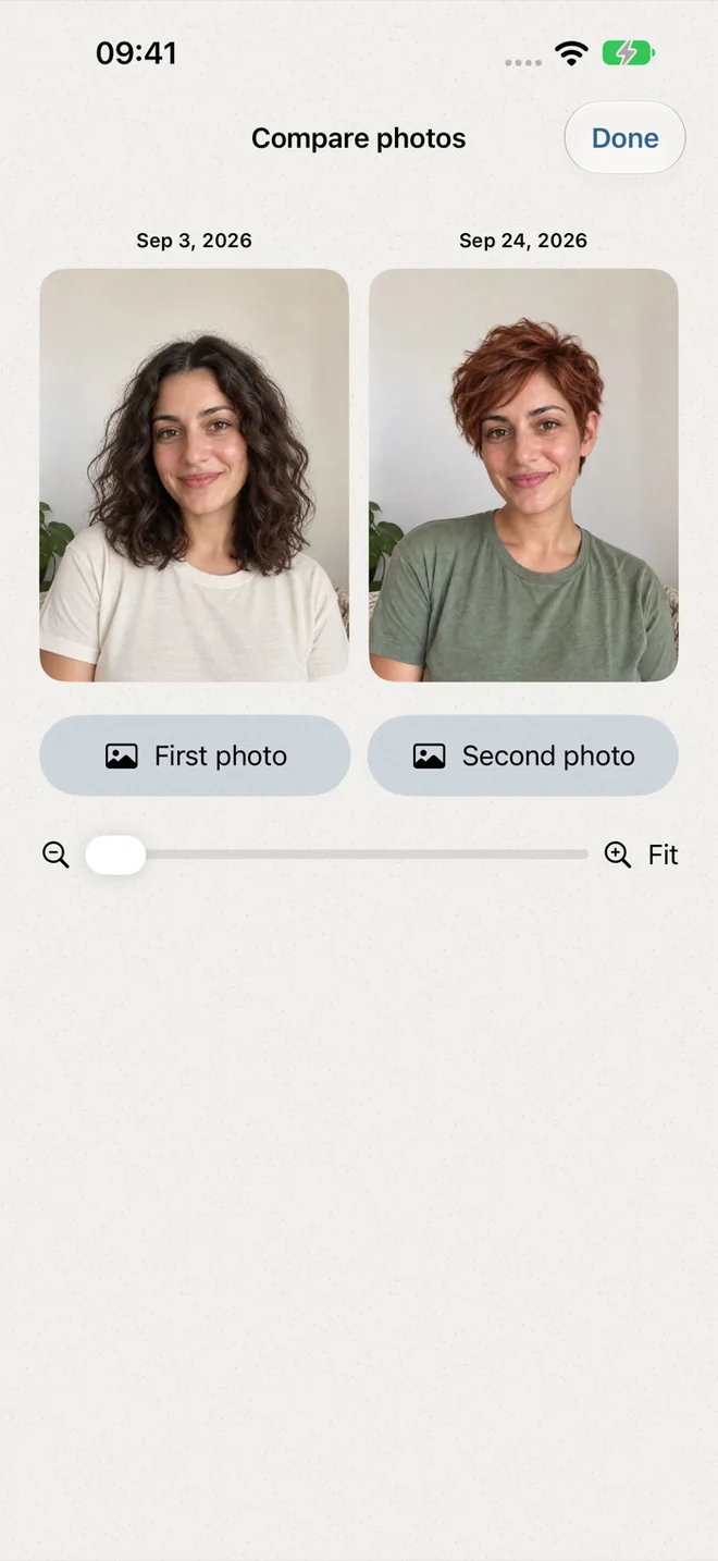 The original woman's longer dark curls beside her copper pixie in Compare photos.
