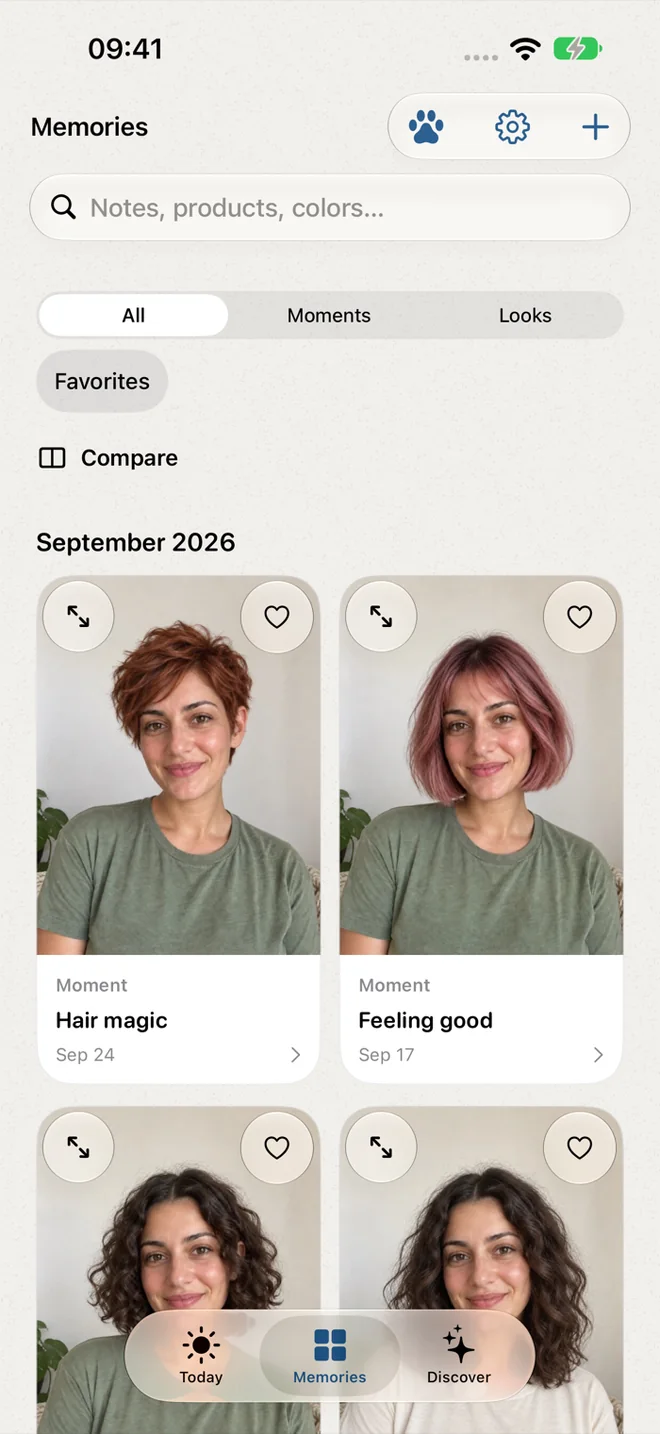 The same fictional woman with dark curls, a rose bob, and a copper pixie in her photo diary.