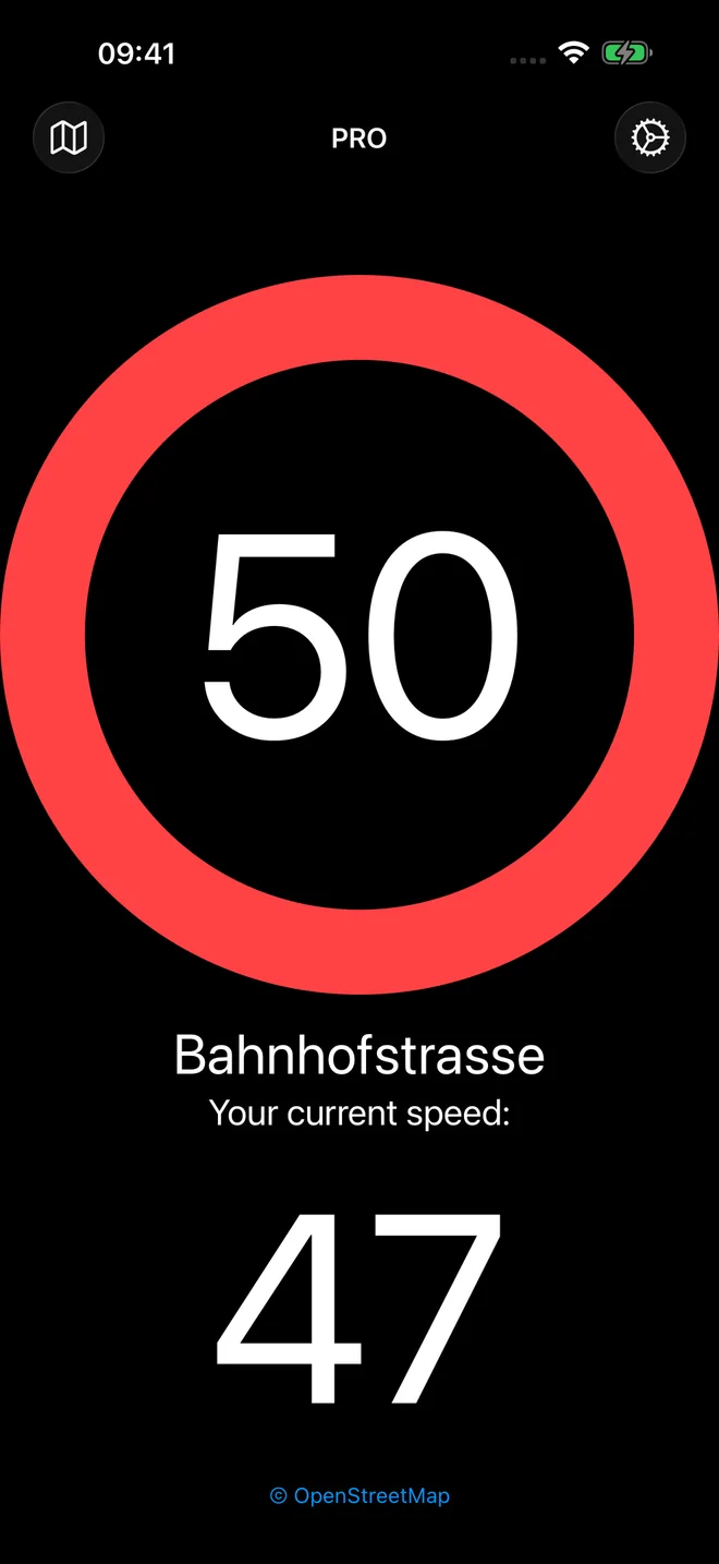 iPhone showing a mapped speed limit of 50, a current GPS speed of 47, and Bahnhofstrasse as the matched road.