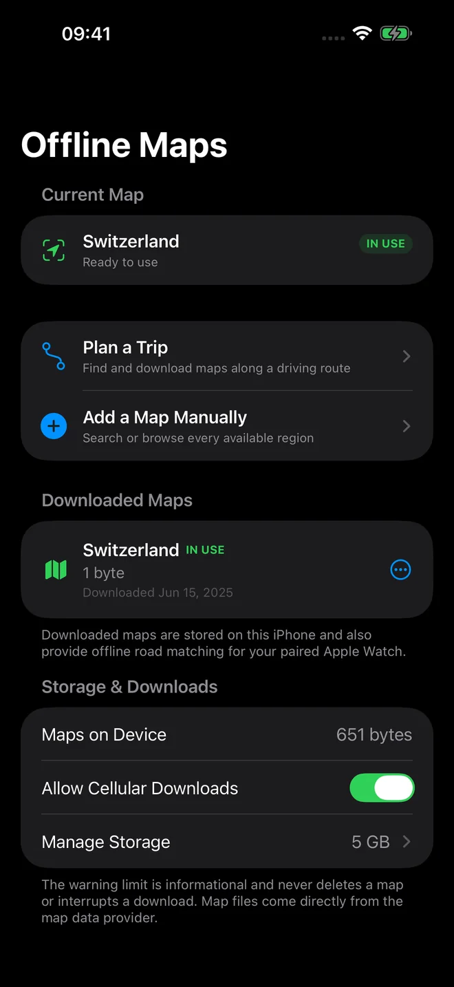 Offline Maps on iPhone, with Switzerland ready to use and options to plan a trip, add a map manually, and manage downloads.