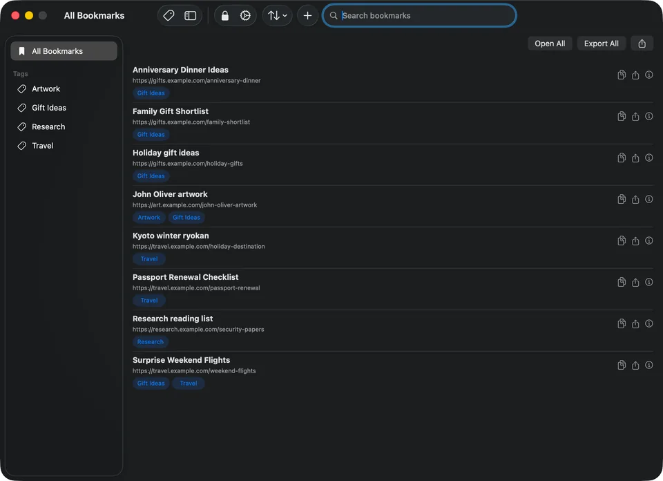 TresorLink on Mac showing All Bookmarks, a tag sidebar, search, and controls for opening and exporting bookmarks.