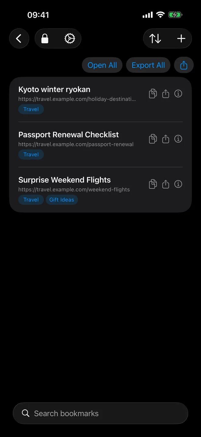 TresorLink on iPhone showing travel bookmarks filtered by tag, including a ryokan, passport checklist, and weekend flights.