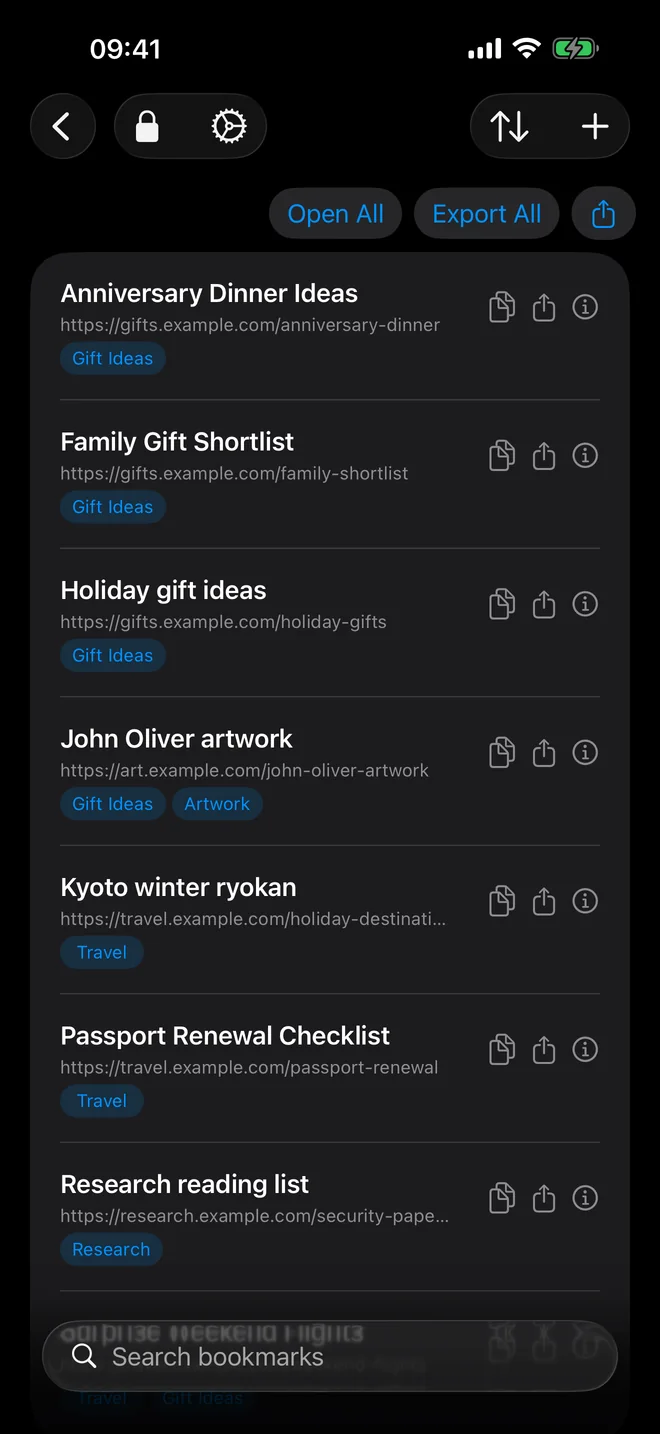 TresorLink on iPhone showing private bookmarks with gift, travel, artwork, and research tags and a search field.